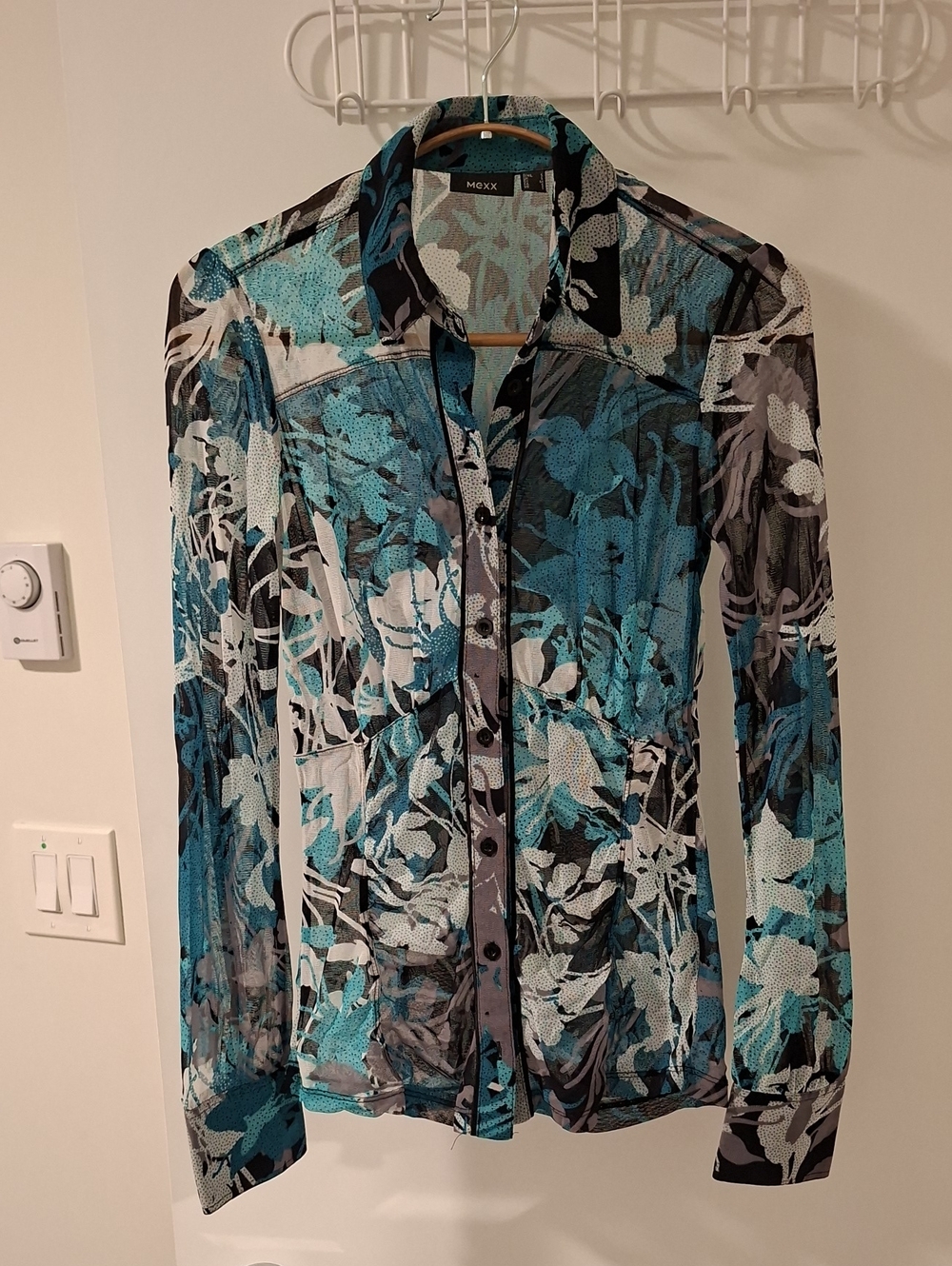 Mexx Y2K Sheer Teal, Black & White Floral Corset-style Button-up Shirt (Size S)